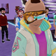A group of virtual avatars standing around in an empty purple room.